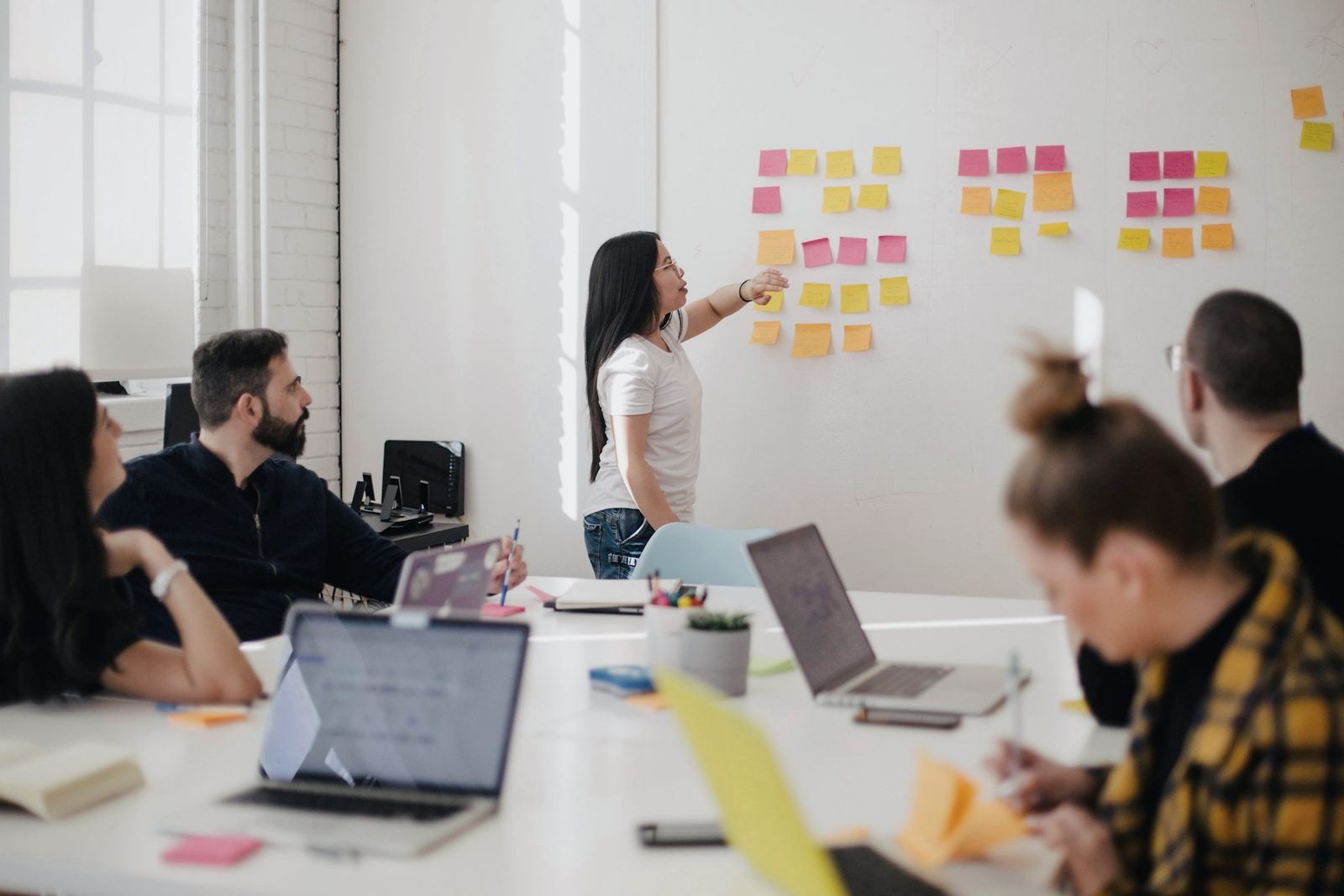 A team planning work together at a whiteboard covered in notes
